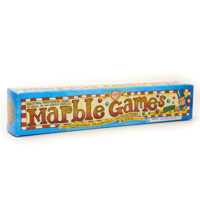Marble Games box with wooden arch board and instructions for traditional marble games, perfect for family fun.