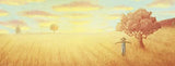 The Scarecrow with a lonely figure in a golden field under a soft, warm sky near a large tree.