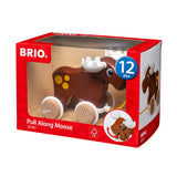 Moose Pull Toy packaged in a red box, designed for toddlers 12 months and older, with movable horns and wooden wheels.