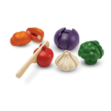 Five Color Veggie Set with sliceable toy veggies broccoli, bell pepper, pumpkin, garlic, red cabbage, and wooden knife.