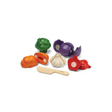 Five Color Veggie Set with sliceable broccoli, bell pepper, pumpkin, garlic, red cabbage, and wooden play knife.