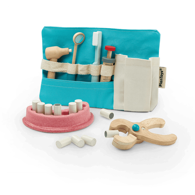 Dentist Set with wooden dental tools, toothbrush, teeth holder, and cotton storage bag for pretend play.