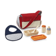 Doll Feeding Set with a red and beige bag, bib, spoon, food container, water bottle, and feeding bottle for pretend play.