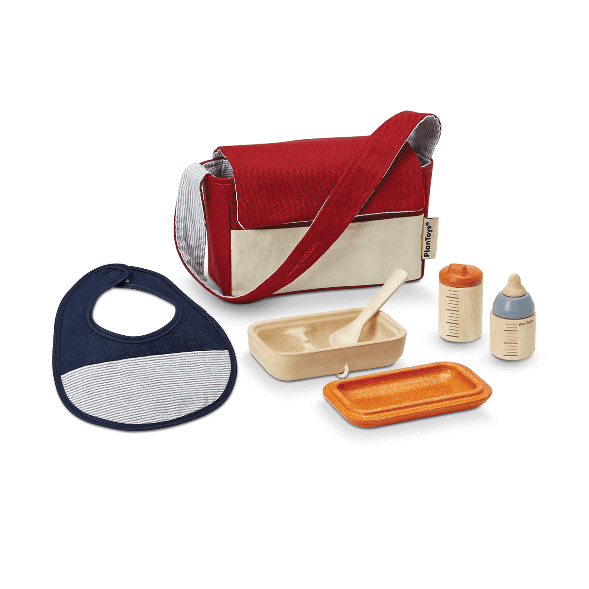 Doll Feeding Set with a red and beige bag, bib, spoon, food container, water bottle, and feeding bottle for pretend play.
