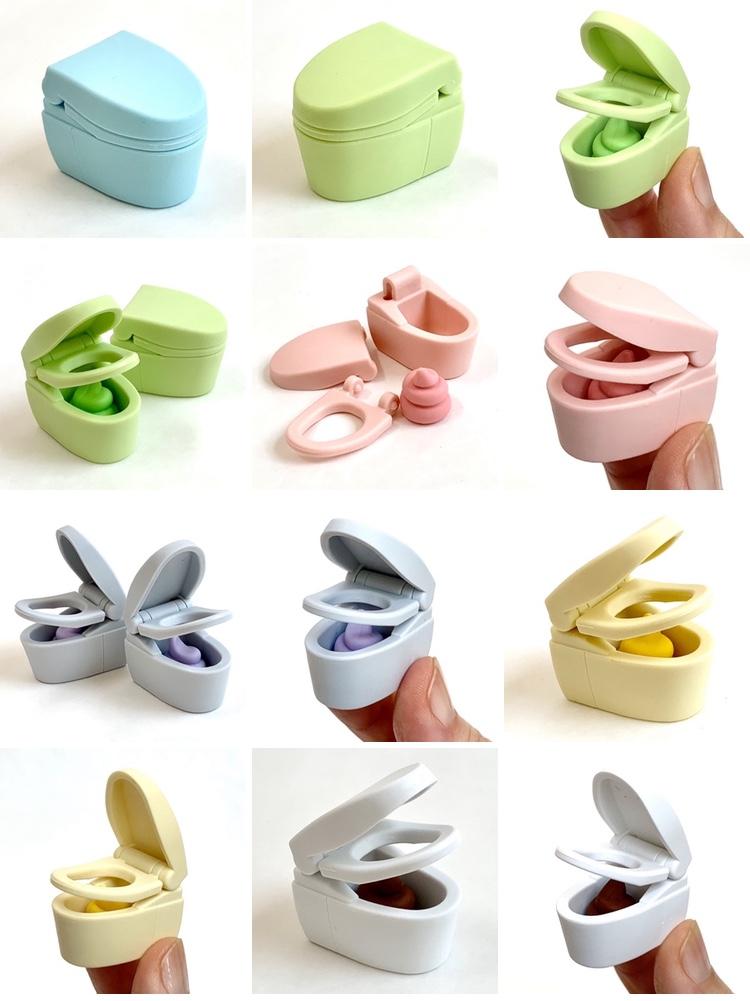 Japanese Eraser Toilet puzzle erasers in assorted colors with removable parts and a cute poo inside, perfect gift or decoration.