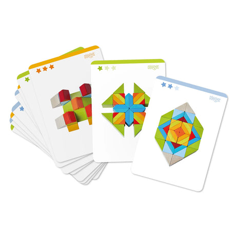 Mosaic 3D Arranging Blocks showing colorful geometric patterns on double-sided template cards for creative building.