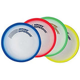Aerobie Superdisc flying discs in assorted colors with cushioned edges and spoiler rims, easy to throw and catch.