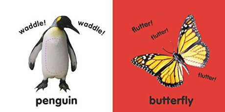 Touch & Feel Animals book pages showing a penguin with textured belly and a butterfly with vibrant wings.