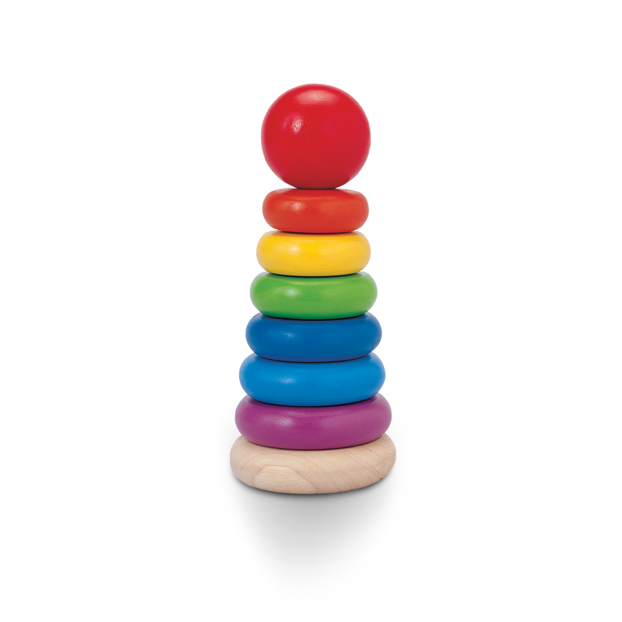 Stacking Ring with six colorful graduated rings on a wooden base, designed for educational play and skill development.