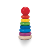Stacking Ring with six colorful graduated rings on a wooden base, designed for educational play and skill development.