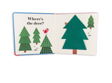 Where's the Owl? Flap Book showing a woodland scene with trees and a hidden deer behind a felt flap.