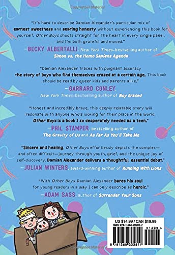 Back cover of the book Other Boys featuring praise quotes and an illustration of two boys in a cardboard box.