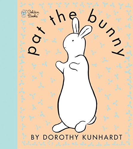 Pat the Bunny book cover featuring a white bunny illustration on a peach background, a classic children's touch-and-feel book.
