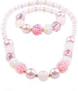 Pinky Pearl Necklace & Bracelet Set with matte rose pink, iridescent chunky, and classic white pearl beads.