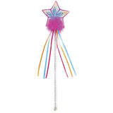 Glitter Rainbow Star Wand with pink star, silver stem, and trailing colorful satin ribbons for magical fairy play.