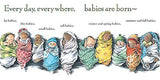Everywhere Babies board book page showing diverse newborns wrapped in colorful blankets, celebrating babies everywhere.