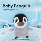 Baby Penguin with Finger Puppet featuring a cozy plush penguin puppet on a snowy blue board book cover.