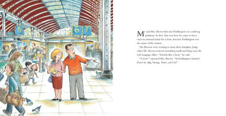 Paddington book illustration showing Mr. and Mrs. Brown at a busy train station with colorful arches and platforms.