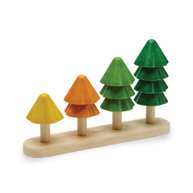Sort & Count Tree with colorful wooden stacking pieces in yellow, orange, and green to practice counting and sorting.