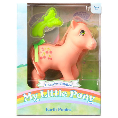 My Little Pony | Earth Pony Cherries Jubilee vintage style toy with pink body, shiny hair, comb, and collectible sticker.