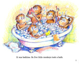 Five Little Monkeys illustration of five monkeys happily taking a bubbly bath in a classic clawfoot tub.