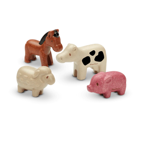 Farm Animals wooden set featuring pig, sheep, cow, and horse made from sustainable PlanWood material.
