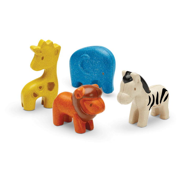Wild Animals wooden toy set featuring giraffe, elephant, lion, and zebra for creative play and learning.