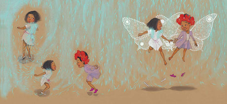Illustration from Julian at the Wedding showing two children playing and flying with magical fairy wings.