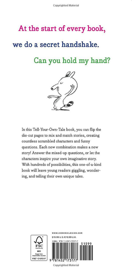 What's Going on Here? book page with a playful handshake invitation and imaginative story prompts for kids.