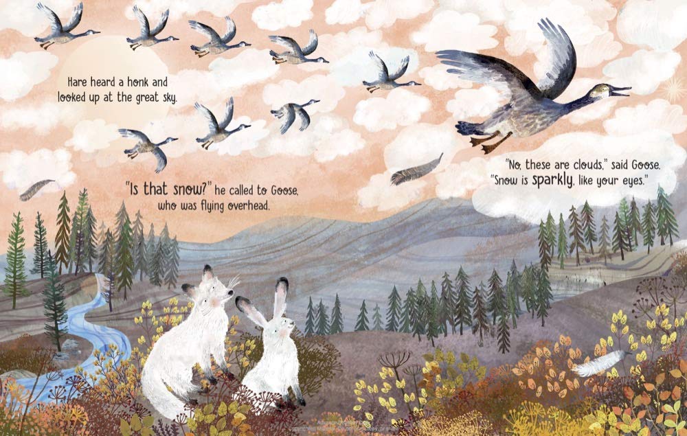 Illustration from A Thing Called Snow showing fox and hare watching geese fly over a forest under a cloudy sky.