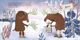 Welcome to Maine book illustration showing a cheerful moose learning about antlers in a snowy forest scene.