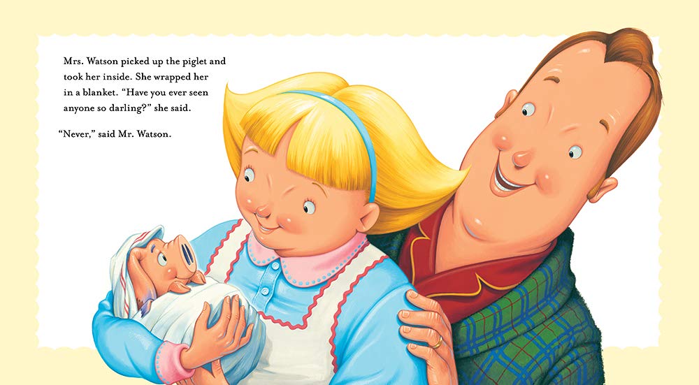 Illustration from A Piglet Named Mercy showing Mrs. and Mr. Watson joyfully holding a wrapped piglet in a blanket.