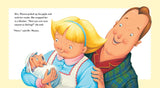 Illustration from A Piglet Named Mercy showing Mrs. and Mr. Watson joyfully holding a wrapped piglet in a blanket.