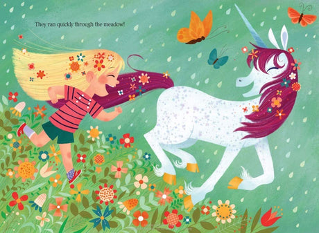 Uni the Unicorn and the Dream Come True shows a joyful girl running with a white unicorn through a colorful flower meadow.