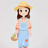 Magnetic Dress Up | Sofia wooden doll dressed as a farmer with hat and basket of vegetables for imaginative play.
