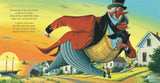 Circus Ship illustration showing a circus owner rushing through a coastal village at sunset with boats and houses nearby.