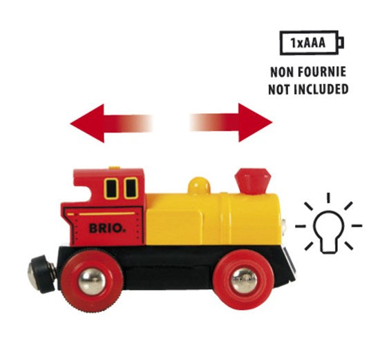 Battery-Powered Two-Way Engine in red and yellow with forward reverse function and headlight, battery not included.