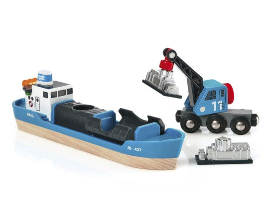Freight Ship & Crane toy set with blue container ship and moveable crane for loading cargo, suitable for ages 3 and up.