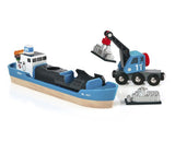 Freight Ship & Crane toy set with blue container ship and moveable crane for loading cargo, suitable for ages 3 and up.