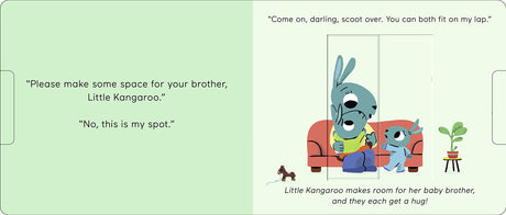 Sharing: Pull & Play board book page showing Little Kangaroo making space for her baby brother to sit on her lap.