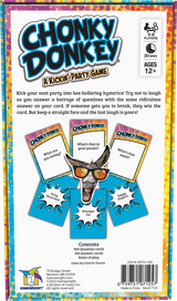 Chonky Donkey party game box showing question and answer cards for 3-8 players ages 12 and up, 20-minute gameplay.