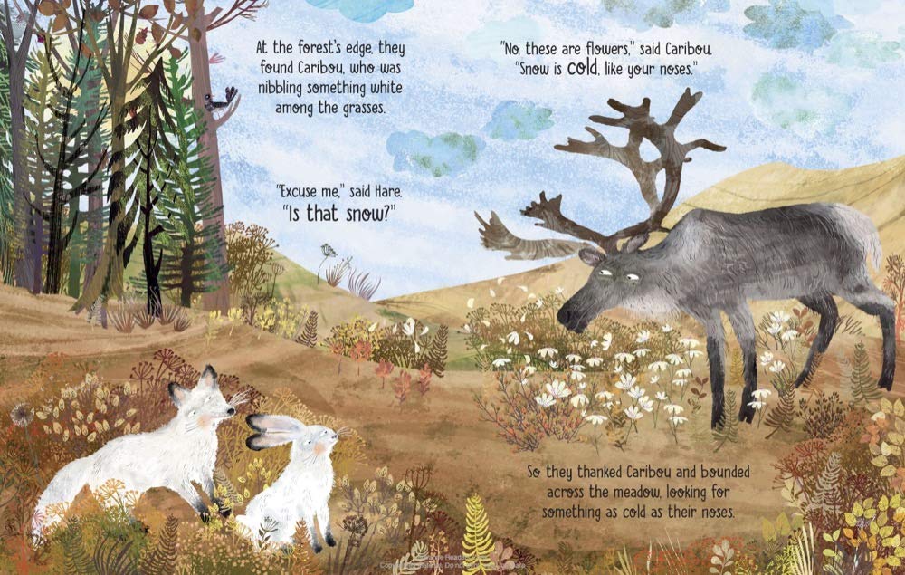 Illustration from A Thing Called Snow showing fox, hare, and caribou in forest exploring nature's first snow and flowers.