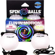 Light Up Spin Balls product showing two white LED spin balls with adjustable nylon cords and colorful packaging.