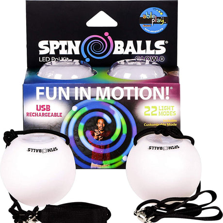 Light Up Spin Balls product showing two white LED spin balls with adjustable nylon cords and colorful packaging.