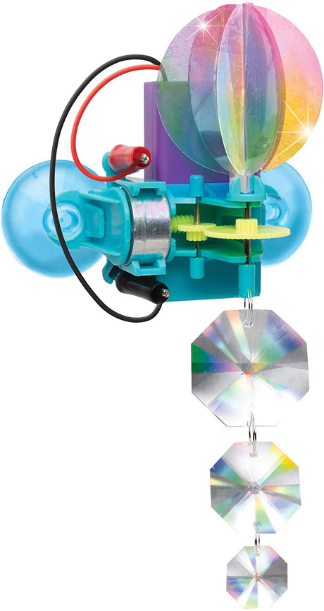 DIY Rainbow Catcher motorized rainbow maker with colorful gears and hanging prism pieces creating light refractions and rainbows.