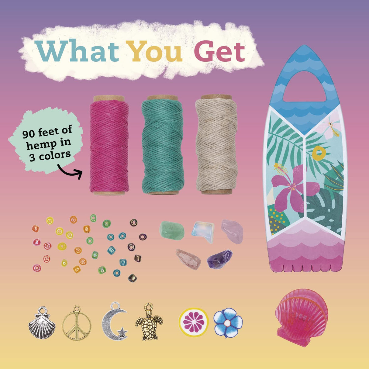 Friendship Wish Bracelets kit with three hemp colors, beads, charms, and crystals for custom bracelet making.