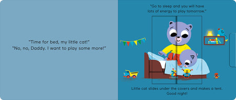 Time For Bed: Pull & Play shows a little cat playing and building a tent while a parent encourages bedtime.
