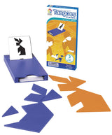 Tangoes Classic puzzle game with seven colorful geometric pieces and challenge cards in travel case for ages 5 and up.