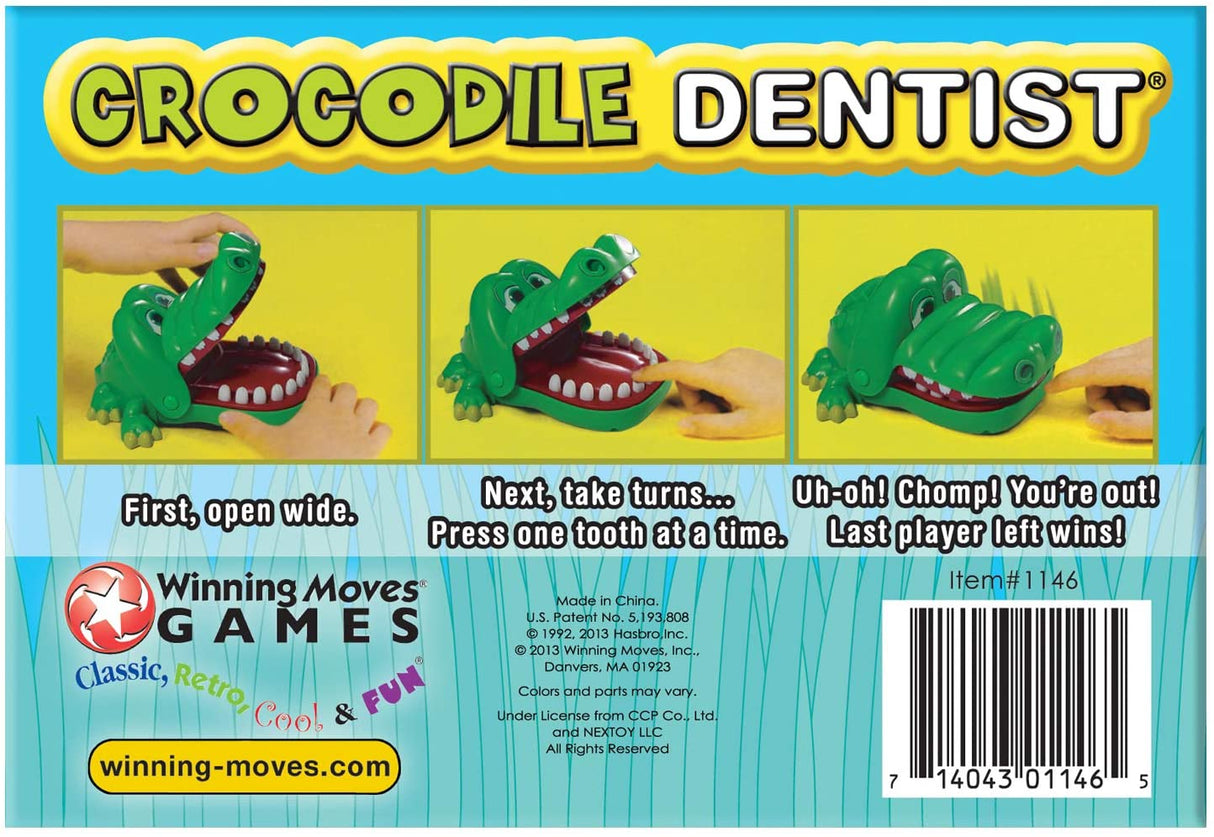 Crocodile Dentist game packaging showing how to play by pressing the crocodile’s teeth to avoid a chomp.