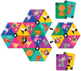 Mix the Mutts! game showing colorful hexagon tiles and cards with mixed dog heads and tails for family fun.
